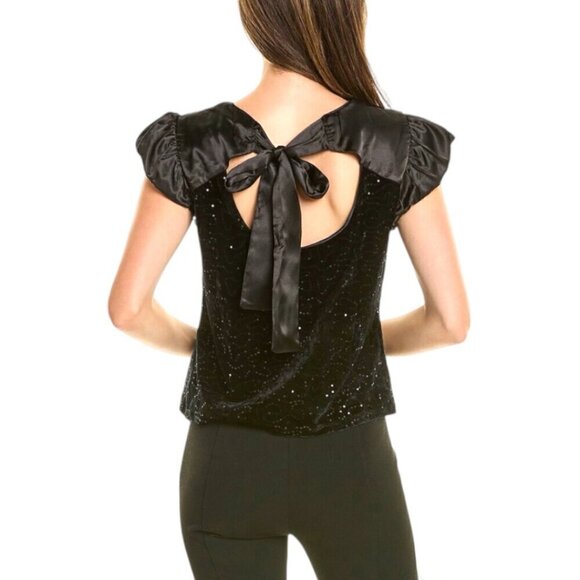 NWT Nanette Nanette Lepore Embroidered Black Velvet Silk Top Back Bow Sz Medium - Picture 2 of 14